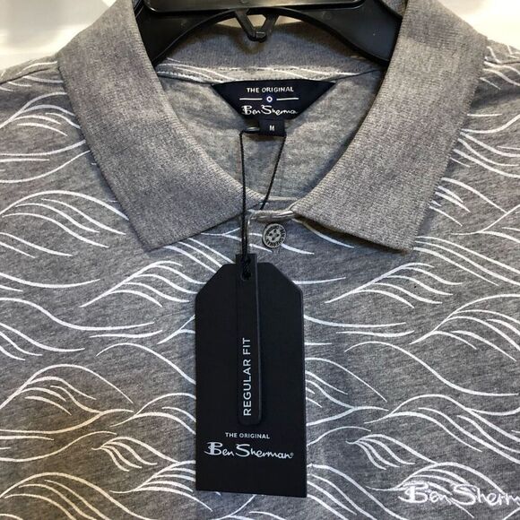 BEN SHERMAN - NWT - M Sz M - Wave Print Polo Shirt in Tonal Wave/Grey Heather - Picture 6 of 16
